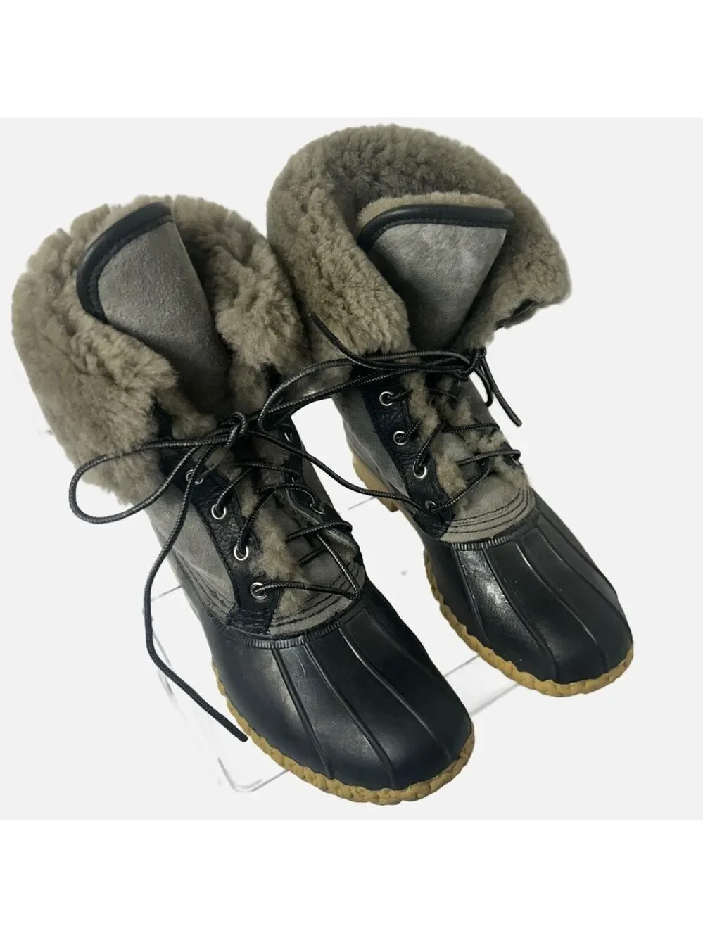 L.L.Bean Leather Wicked Good Shearling Lined Rubber Lace Up Snow Duck Rain Boots